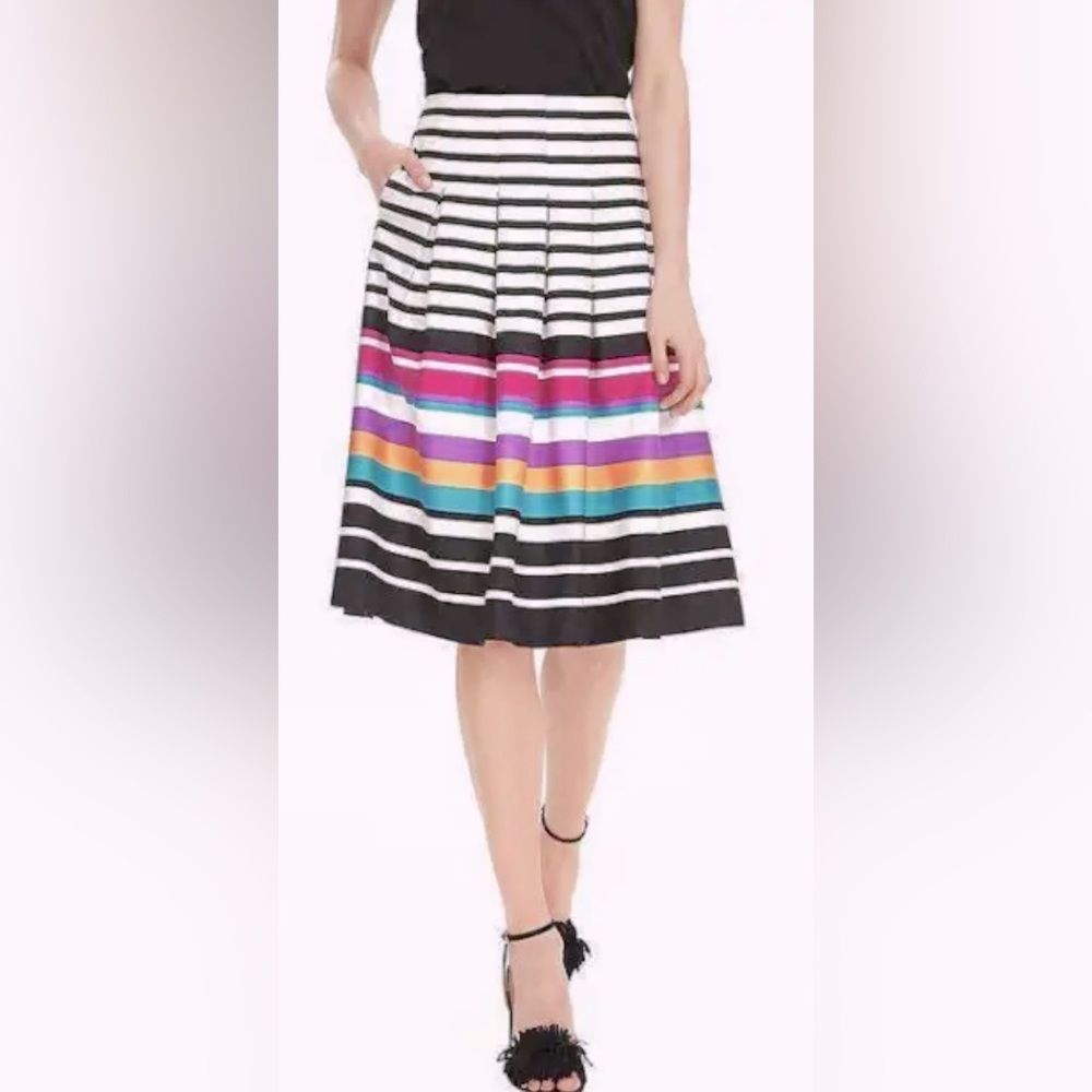 Banana Republic Pleated Skirt Black & White Stripes Bursts To A Rainbow of Color